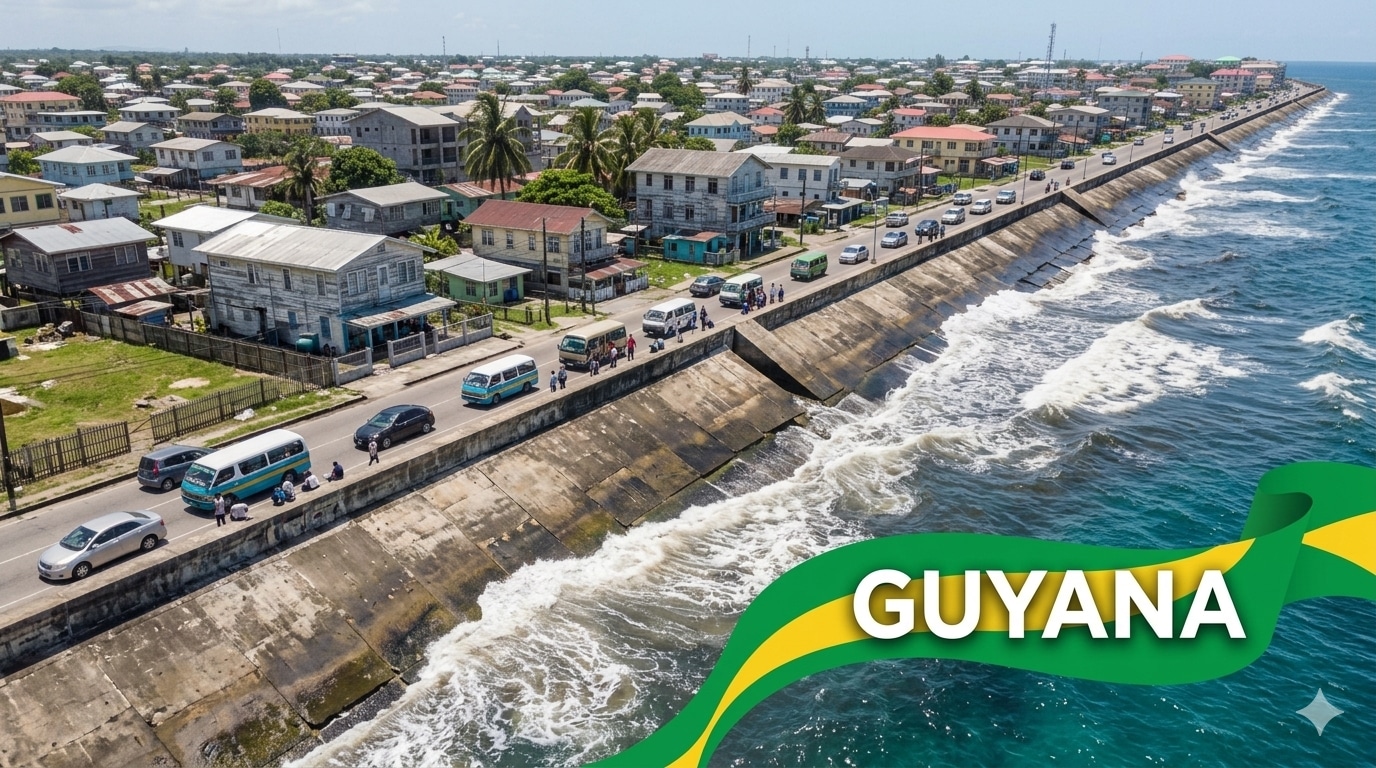 Carretera costera inundada en Guyana